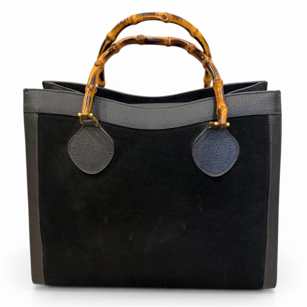 ❌SOLD❌ Auth GUCCI Diana Black Suede Leather and Bamboo Handle Tote Hand Bag